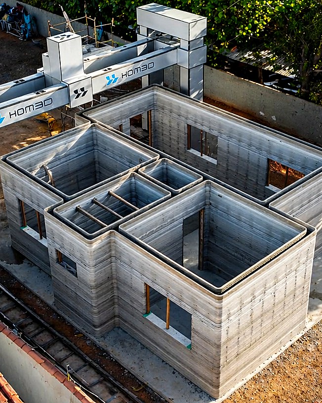 Vista aérea da primeira casa impressa em 3D do Brasil pela HOM3D, com a máquina pórtico HOM3D ao fundo